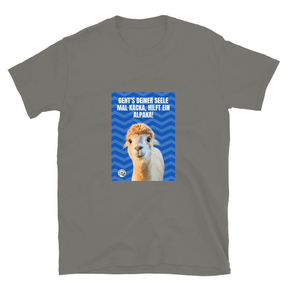 Alpaka Spruch T-Shirt mit Sören und dem Spruch „Geht’s deiner Seele mal kacka, hilft ein Alpaka!“