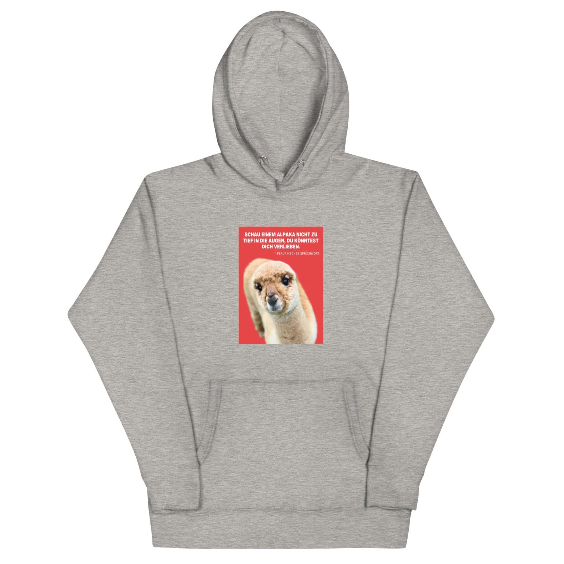 Hoodie mit Alpaka Motiv – grauer Kapuzenpullover mit Alpaka-Motiv und Spruch auf der Vorderseite.