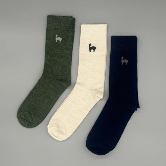 Lange Alpakasocken in Weiß, Blau und Grün aus 80% Baby-Alpakawolle für Alltag & Freizeit