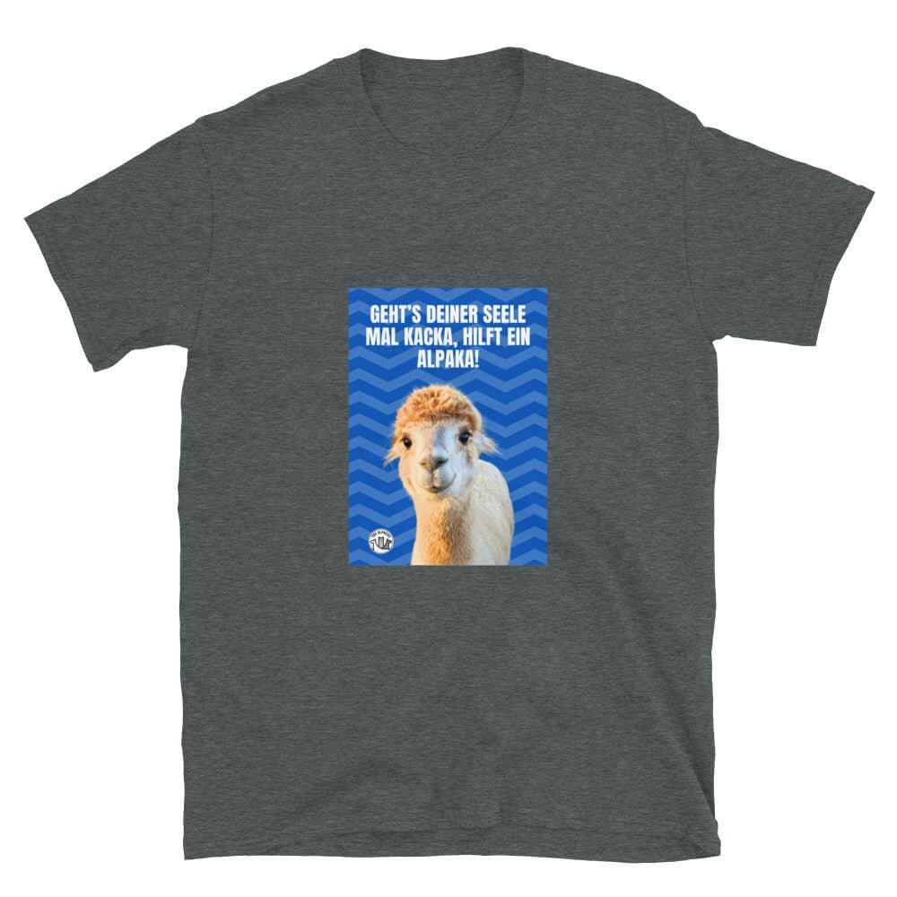Alpaka Spruch T-Shirt mit dem Satz "Geht's deiner Seele mal kacka, hilft ein Alpaka!" und einem Alpaka-Bild.