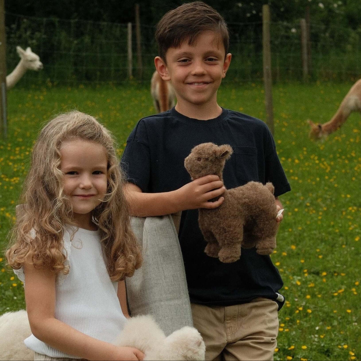 Zwei Kinder im Freien halten ein handgemachtes Alpaka Kuscheltier aus 100 % Alpakawolle in der Hand.