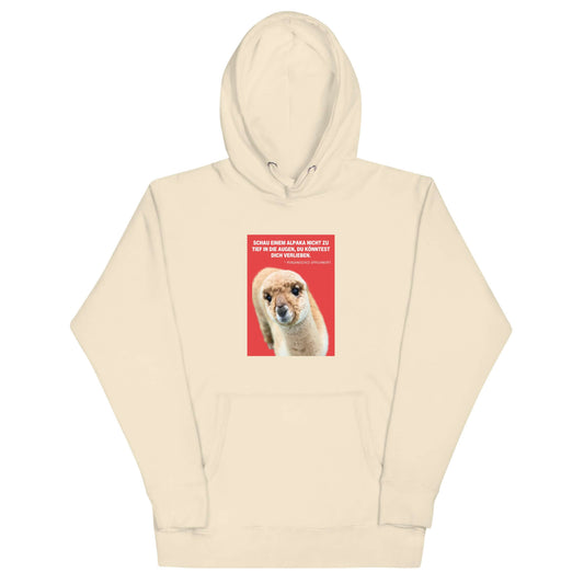 Hoodie mit Alpaka Motiv - Unisex Kapuzenpullover mit Alpaka Greta und Spruch „Schau einem Alpaka nie zu tief in die Augen“. 