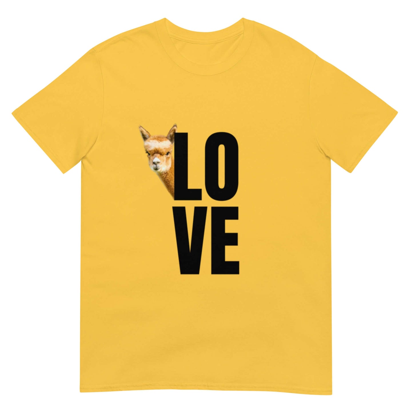 Tiermotiv T-Shirt in Gelb mit alpaka Franzl und dem Wort LOVE im Design.