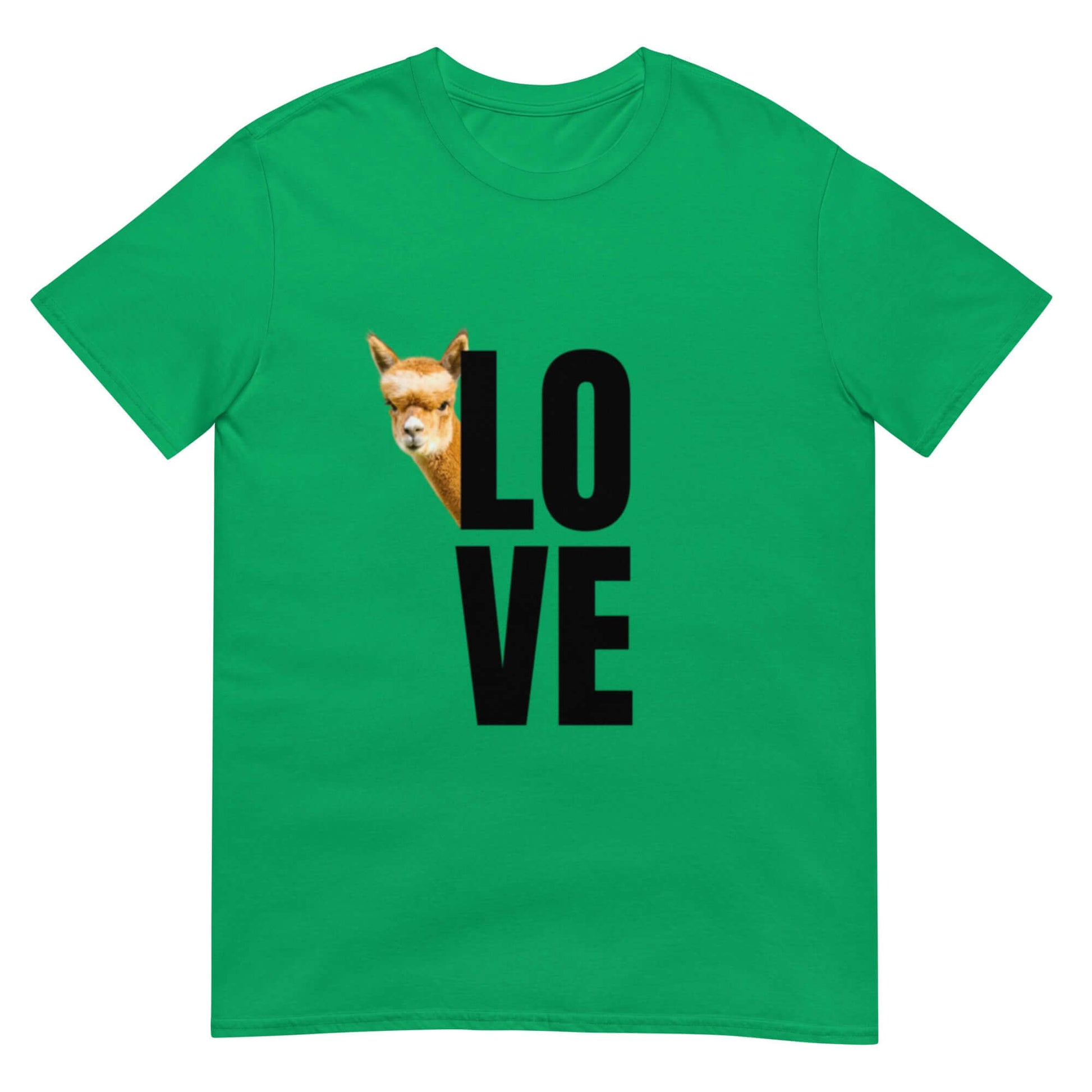 Tiermotiv T-Shirt mit dem Wort "Love" und einem frechen Alpaka, das hervorschaut.