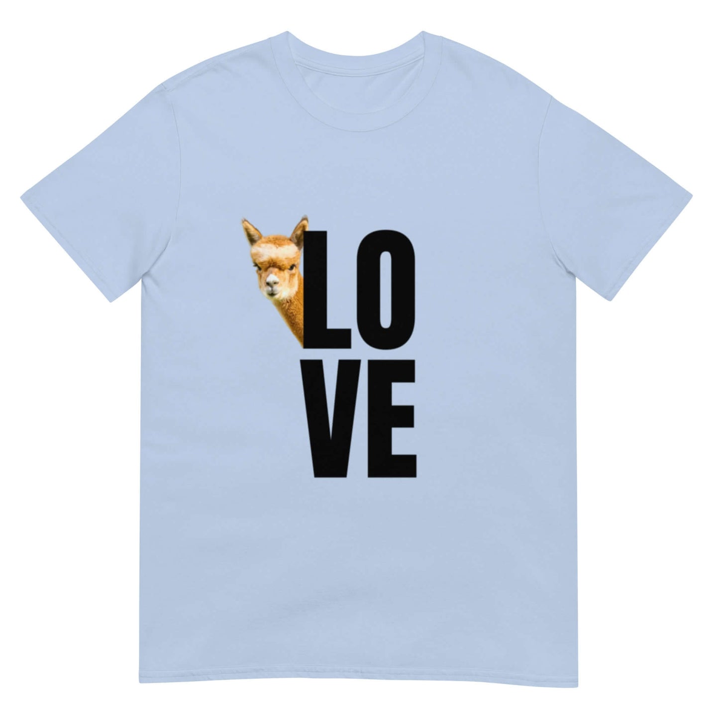 Tiermotiv T-Shirt mit einem frechen Alpaka und dem Wort "Love" auf einem blauen Shirt