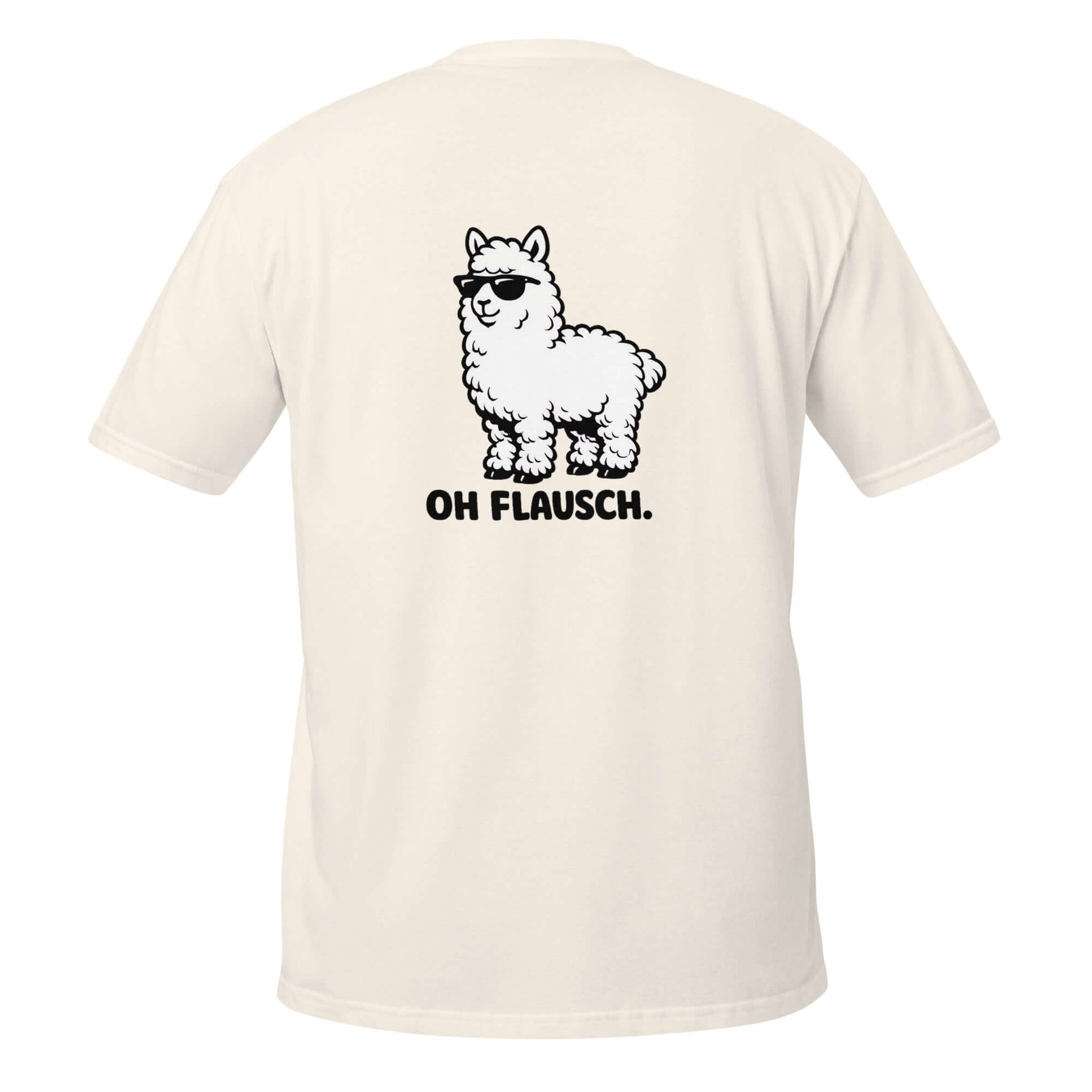 Lustiges Alpaka T-Shirt mit lustigem Alpaka-Print und Spruch "OH FLAUSCH" auf der Rückseite.