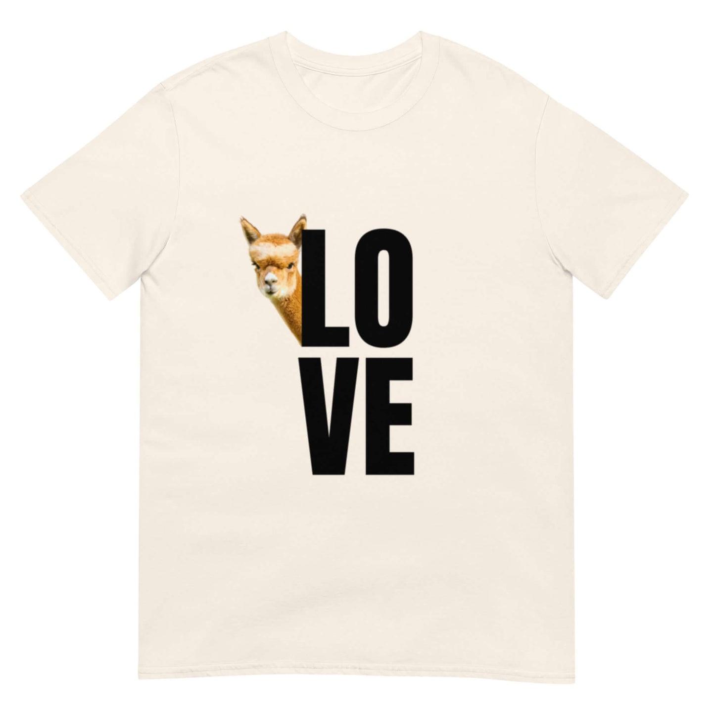 Tiermotiv T-Shirt mit alpaka Franzl, das das Wort "Love" kreativ präsentiert.