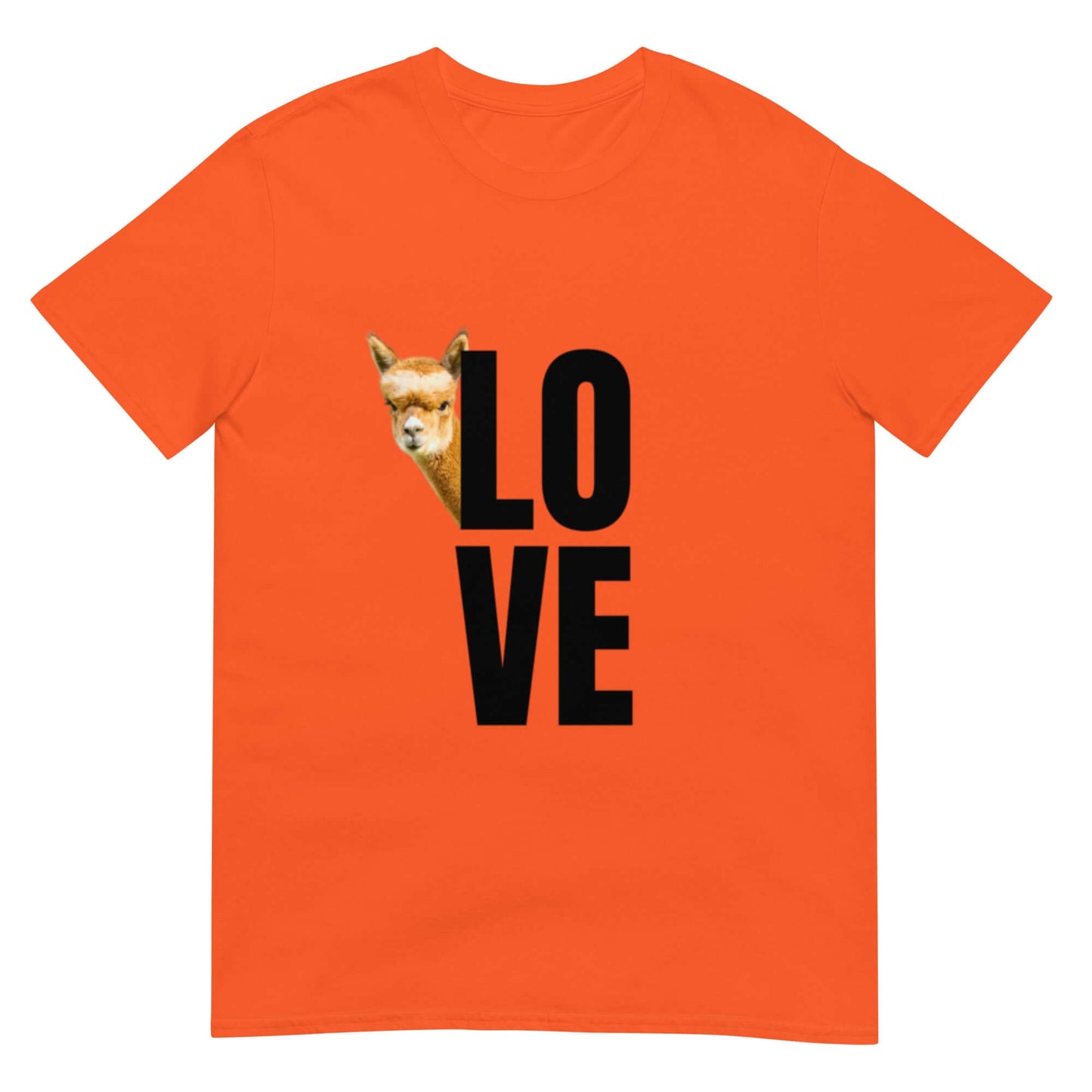 Tiermotiv T-Shirt mit Alpaka Franzl und dem Wort ‚Love‘ auf einem orangefarbenen Shirt.