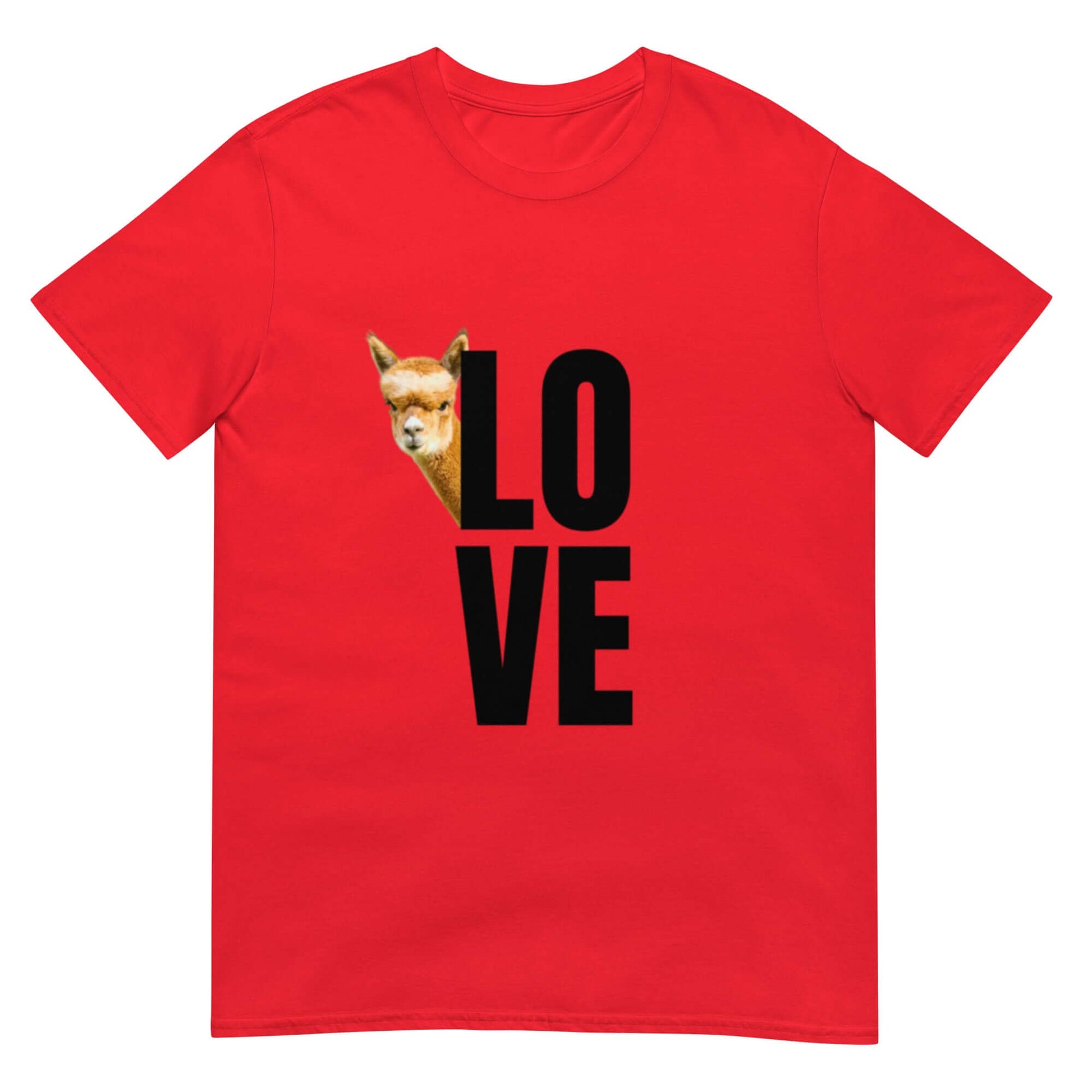 Tiermotiv T-Shirt mit rotem Design und Alpaka Franzl, das frech aus dem Wort „LOVE“ hervorschaut.