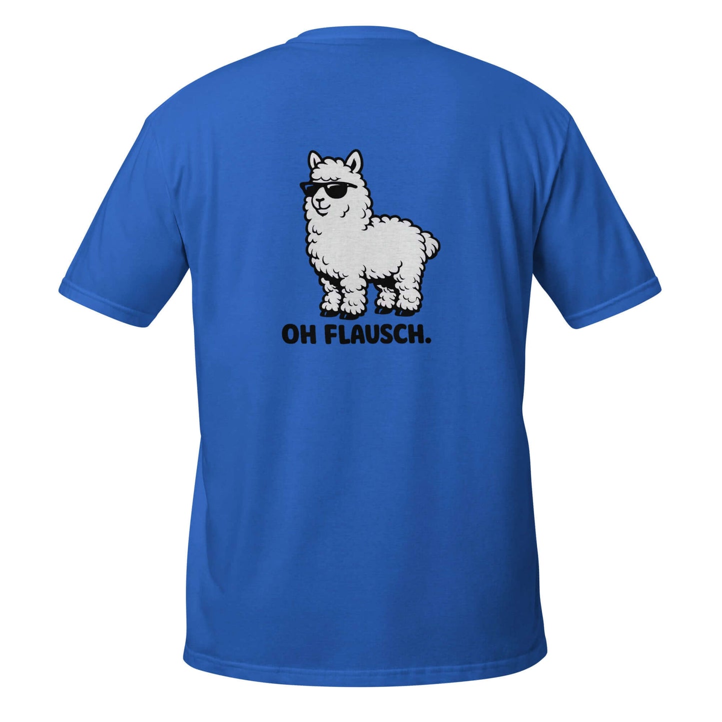 Lustiges Alpaka T-Shirt mit lustigem Alpaka-Design und dem Spruch "Oh Flausch" auf der Rückseite.