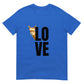 Tiermotiv T-Shirt mit Alpaka Franzl, blaues Shirt mit dem Wort „Love“ im Vordergrund.
