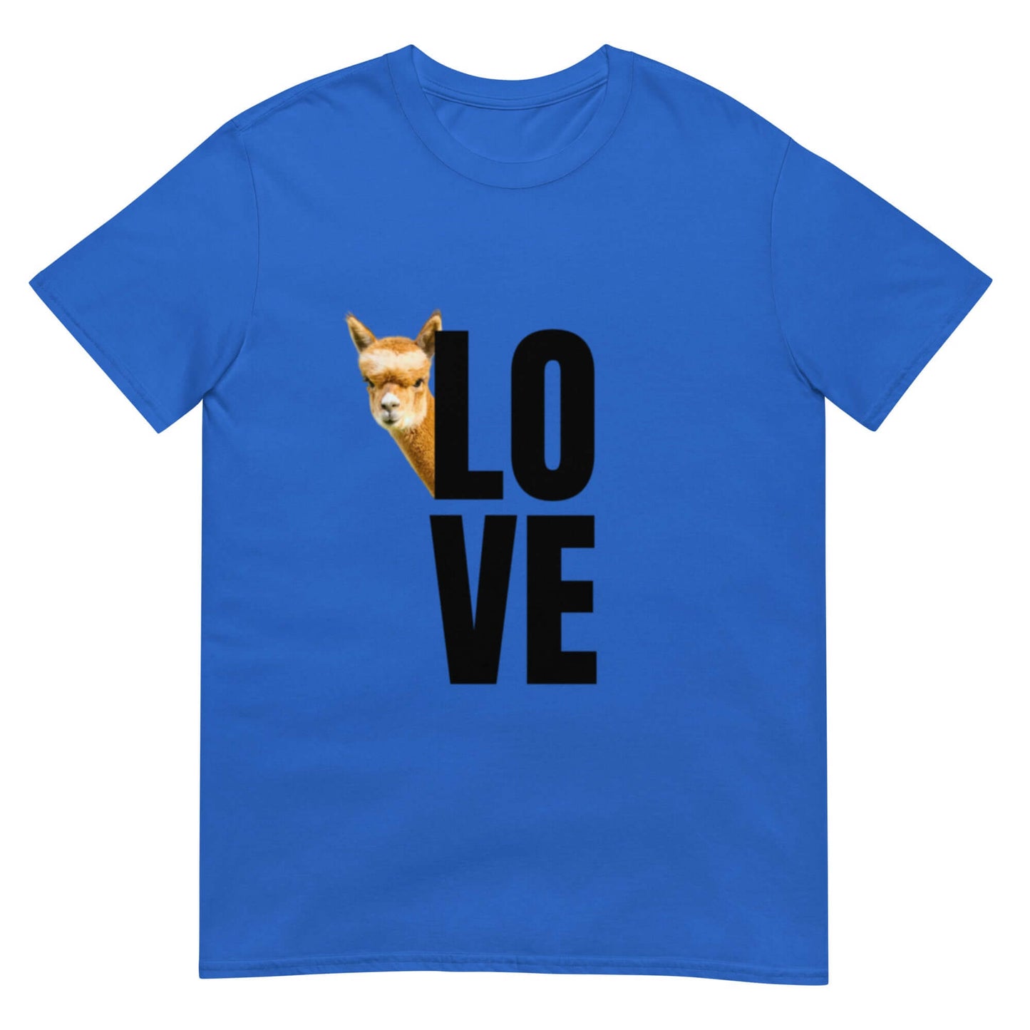 Tiermotiv T-Shirt mit Alpaka Franzl, blaues Shirt mit dem Wort „Love“ im Vordergrund.