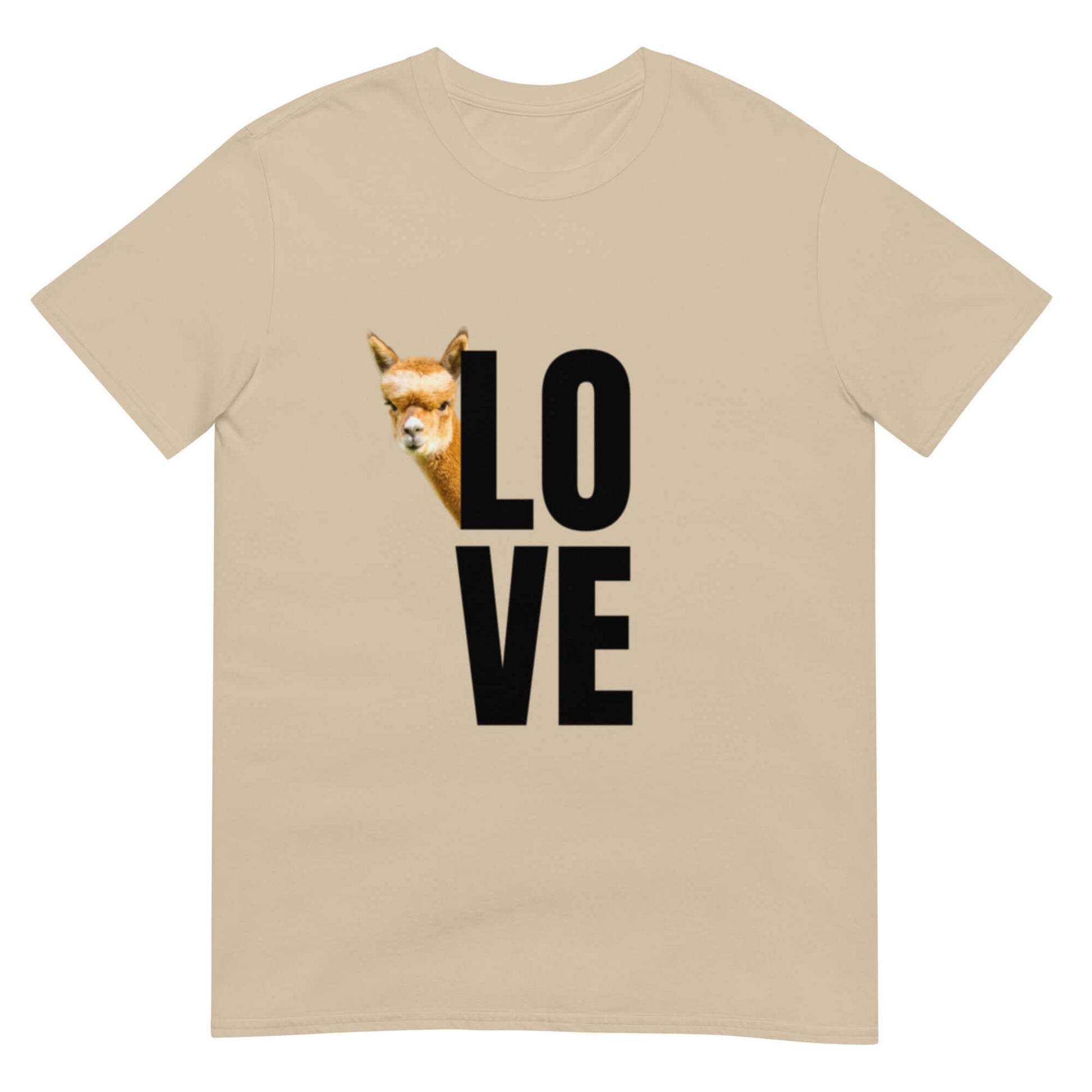 Tiermotiv T-Shirt mit Alpaka Franzl und dem Wort "Love" – romantisches und verspieltes Design.