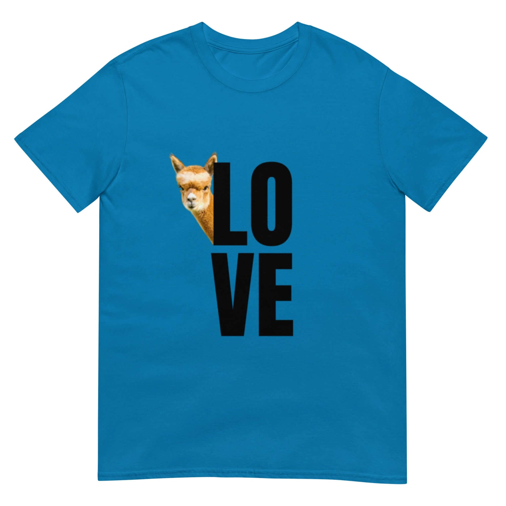 Tiermotiv T-Shirt mit alpaka Franzl und dem Wort „Love“ auf einem blauen Shirt.