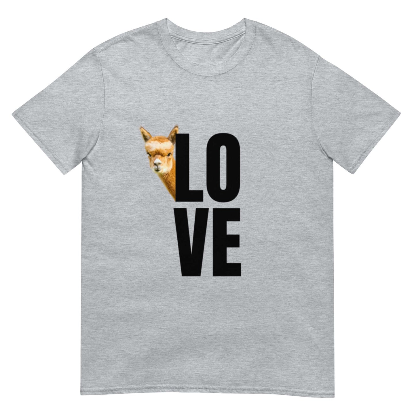 Tiermotiv T-Shirt mit Alpaka Franzl und dem Wort „Love“ auf grauem Hintergrund.