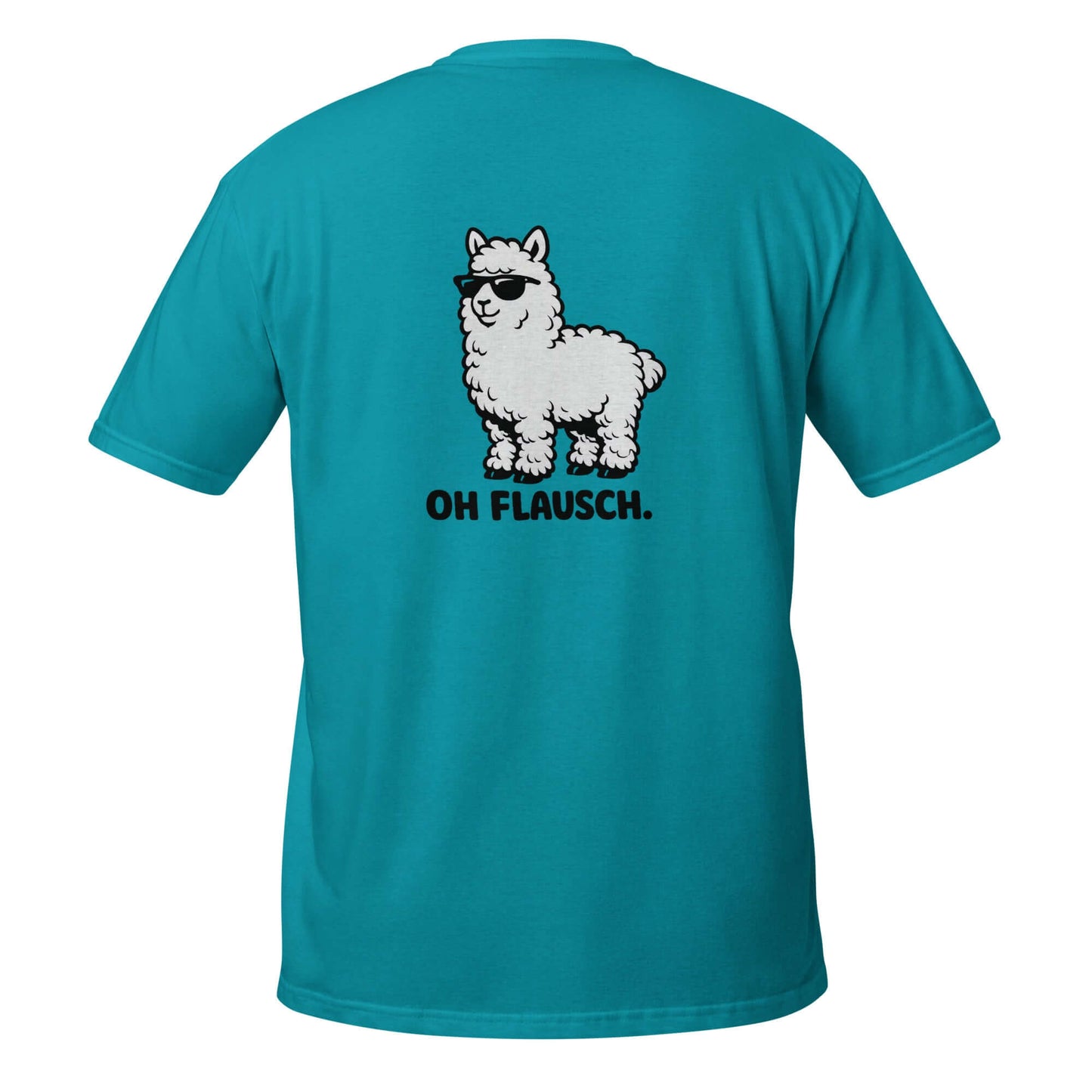 Lustiges Alpaka T-Shirt mit witzigem Alpaka-Print und Spruch "OH FLAUSCH." auf dem Rücken