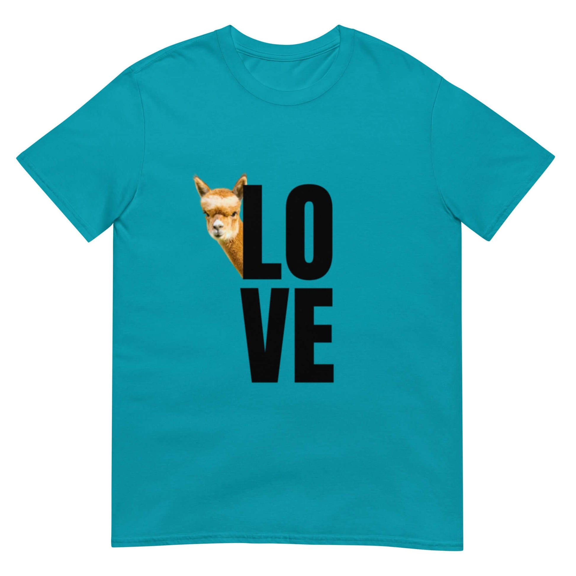 Tiermotiv T-Shirt mit Alpaka Franzl und dem Wort „Love“ auf türkisem Hintergrund.