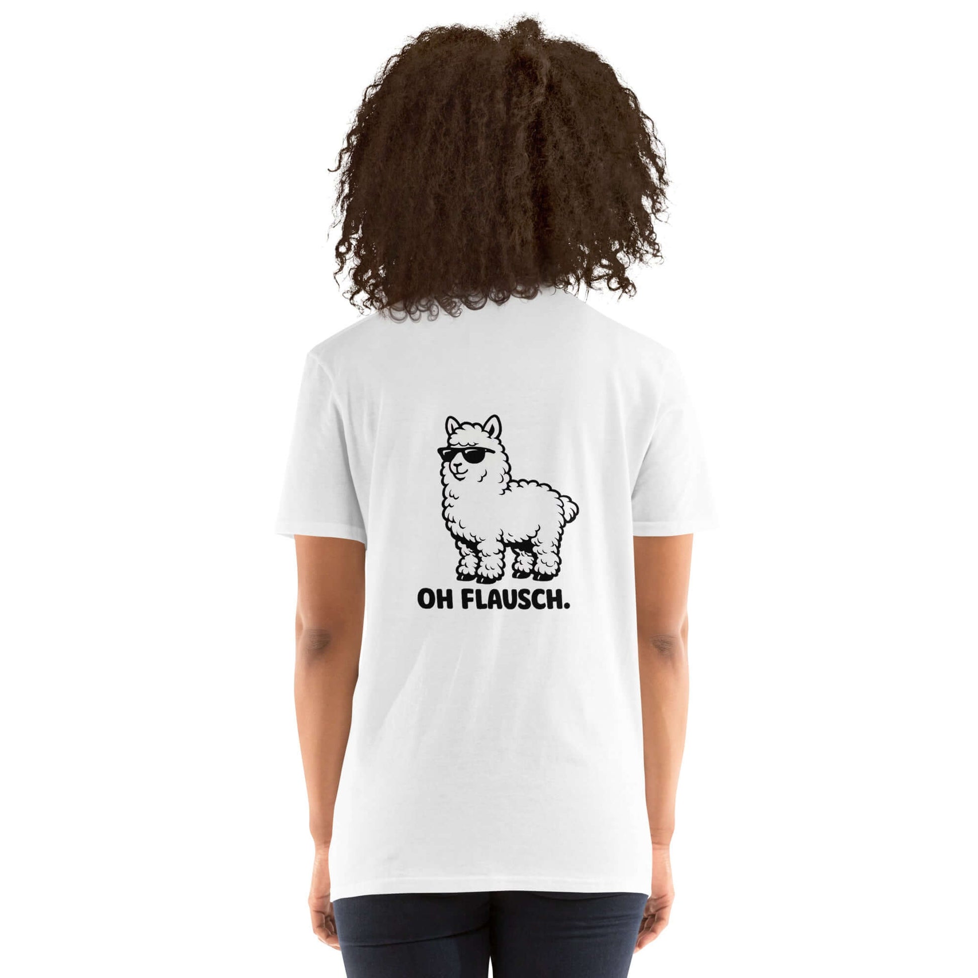Lustiges Alpaka T-Shirt mit dem Spruch "Oh Flausch." auf der Rückseite, ideal für Alpaka Fans.