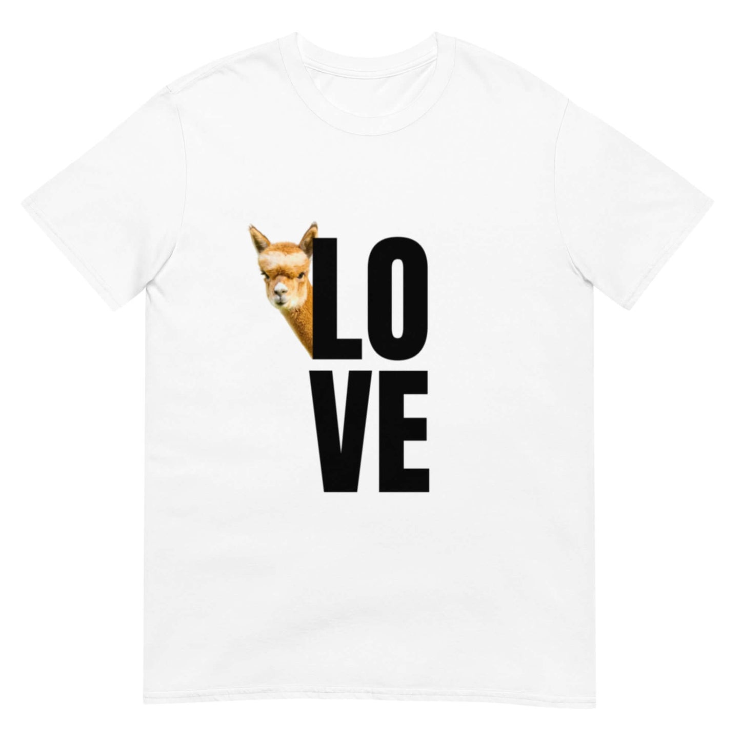 Tiermotiv T-Shirt mit Alpaka Franzl und dem Wort "Love" auf der Vorderseite.