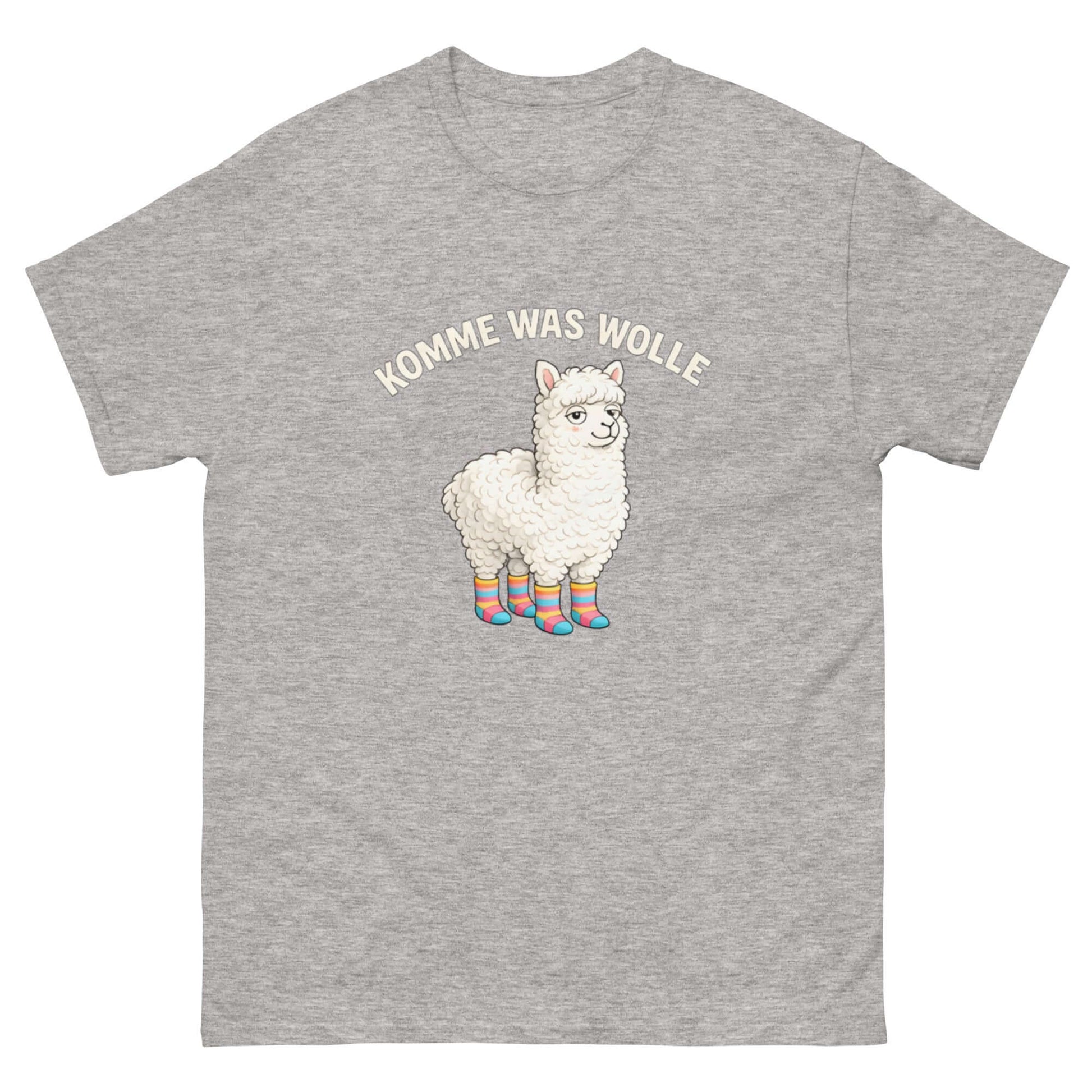 Lustiges Alpaka Cartoon T-Shirt „Komme was Wolle“ mit humorvollem Design für Alpaka-Fans. Cartoon T-Shirt.