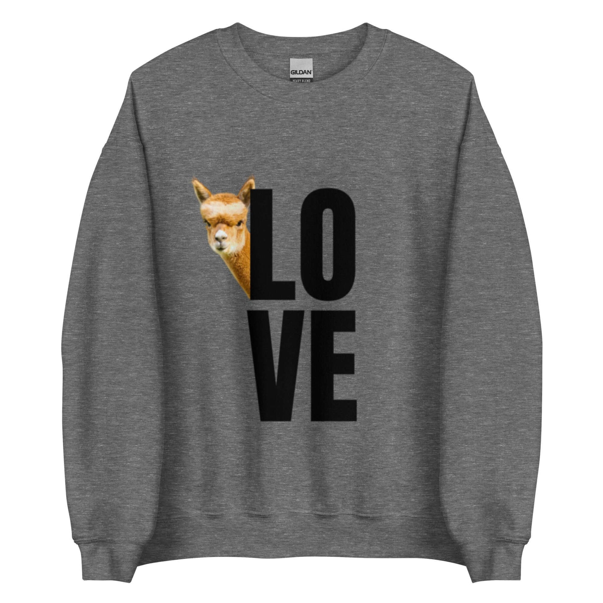 Alpaka Pullover LOVE mit Alpaka Franzl und großem „LOVE“ Print auf grauem Sweater.
