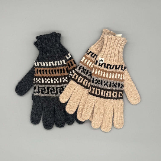 Handschuhe Alpakawolle im Andenmuster, grau und beige, aus 100 % Baby-Alpakawolle, weich und warm.